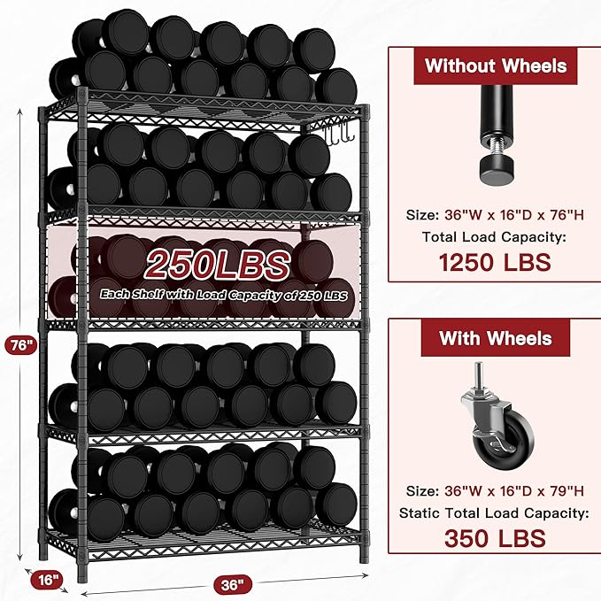 PrimeZone 4 Packs 36" W x 16" D x 79" H Wire Storage Shelves with Wheels, 5 Tier NSF Certified Heavy Duty Adjustable Kitchen Shelving Unit, Pantry Organizer Rack Rolling Metal Shelf for Garage Closet