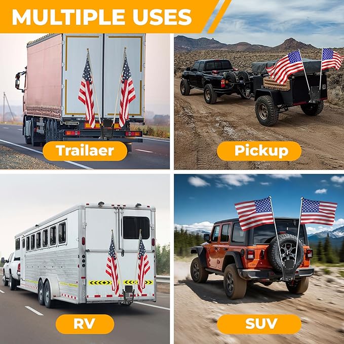 Heavy Duty Dual Hitch Flag Holder with 2'' Trailer Receiver, Trailer Hitch Flag Pole Holder, Universal Hitch Flag Pole Holder Kit with Cars, Trucks, SUV, Pickups, Campers & Trailers