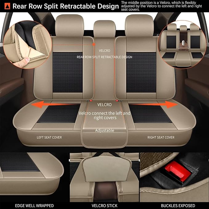 Seat Covers Fit for Toyota Camry 2012-2023 2024 2025: Car Seat Covers Full Set 5 Seats Leather Ice Silk Breathable Waterproof Automotive Seat Cushion Protector (Black & Beige)