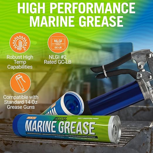 Better Boat Marine Grease Tube, 2 Pack 14 Oz, Waterproof High Temp Trailer Bearing Lubricant, NLGI 2, Compatible with Grease Guns