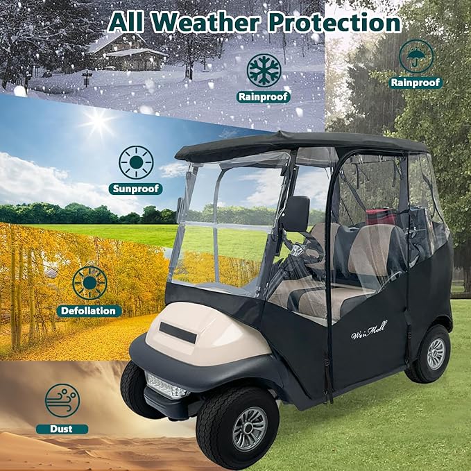 Golf Cart Enclosure 2 Passenger for Club Car Precedent Tempo Onward 2-Seater Waterproof Transparent Driving Rain Enclosure Cover with 4-Sided Clear Windows Mirror Zipper Roll-Up Door Black