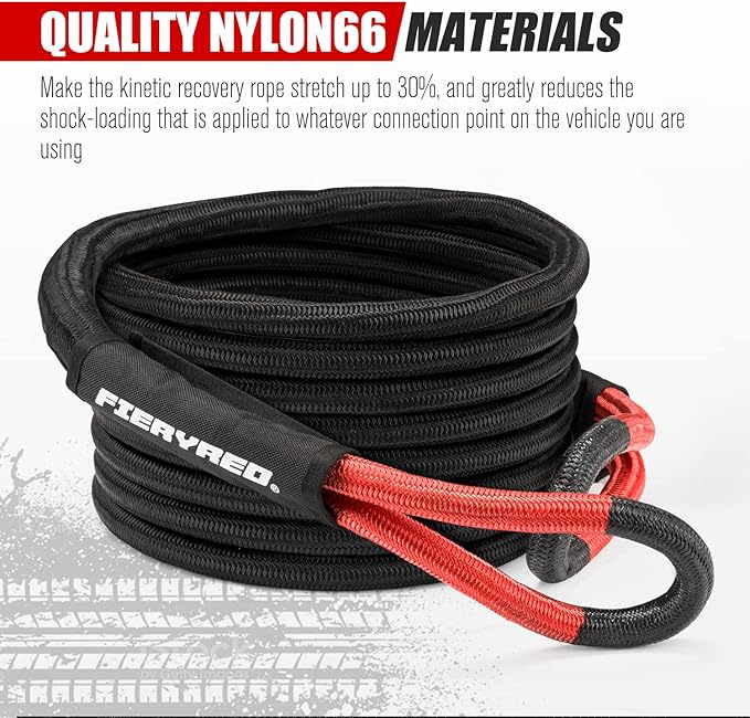 FieryRed Kinetic Energy Recovery Rope 30FT 7/8 Inch- Power Stretch Snatch Strap Vehicle Tow Rope with Reinforced Loops Protective Sleeve Tote Bag for Off-Road 4x4 ATV UTV Pickup