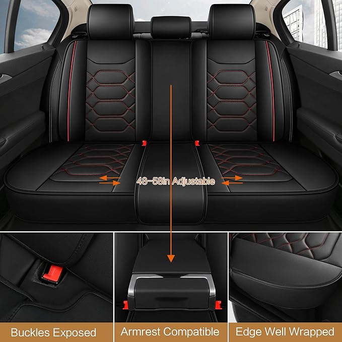 Pariitadin Leather Car Seat Covers Full Set, Waterproof Faux Leather Seat Covers for Cars, Non-Slip Car Interior Covers Universal Fit for Most Cars Sedans Trucks SUVs, Black/Red