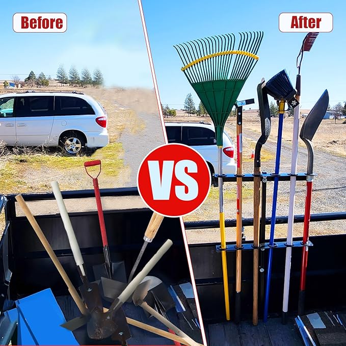 Vertical Hand Rack for Enclosed Landscaping Truck Trailer Garage or Shed Walls Holds 6 Tools for Shovels, Rakes, Hoes, Open Trailer Storage, 1 Pack (Red)