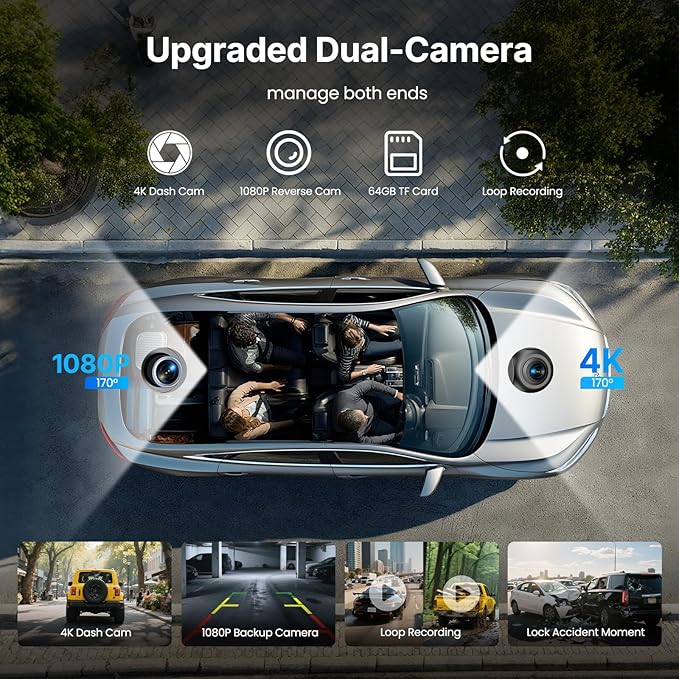 9''HD Wireless Carplay Screen For Car 4K Dash Cam&1080P Backup Camera With Apple Carplay&Android Auto Voice Control GPS DVR Call Music Message Mirror Link Airplay/Android Cast Fit Pickup Truck SUV MPV