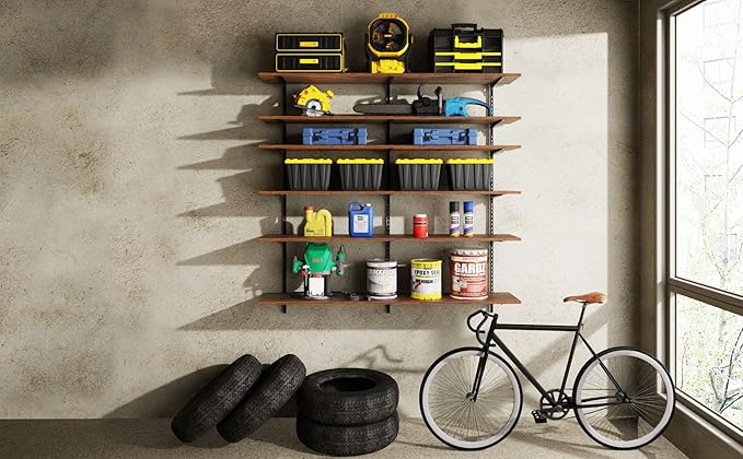 ROGMARS 60" W Garage Wall Mounted Shelving Heavy Duty, 6 Tier Garage Shelves, Adjustable Height Storage Shelving Unit, Wall Shelf Storage Rack Floating Shelves for Warehouse, Pantry, School, Shop