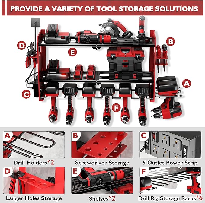 Power Tool Organizer Wall Mount with Charging Station, Cordless Drill and Battery Holder Shelf for Garage Organization,Heavy Duty Metal Tool Rack Storage, Load 300lbs, Built in 5 Outlet Power Strip