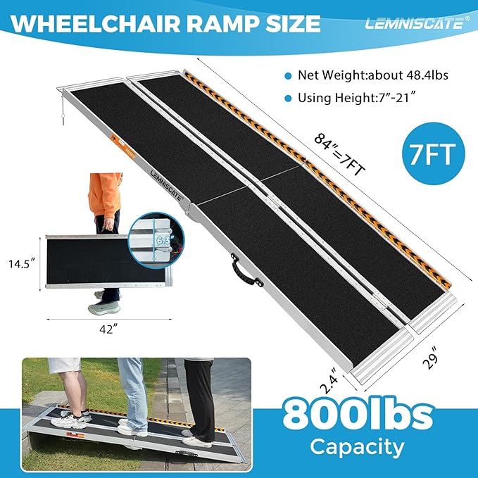 LEMNISCATE Portable Wheelchair Ramp, 7FT Ramps for Wheelchairs for Home, Non-Skid Threshold Ramp for Doorways,Curbs, Foldable Aluminum Wheelchair Ramp for Home Steps, 800 LBS Capacity,84" L x 29" W