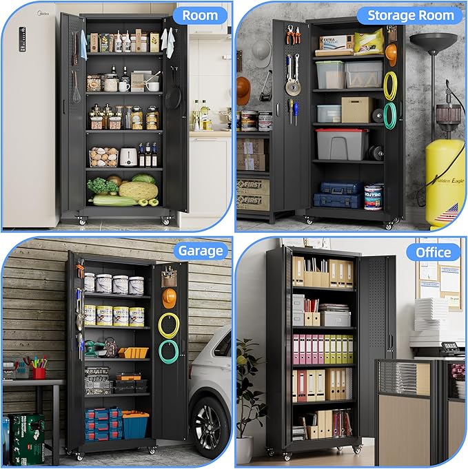 Metal Storage Cabinet with Wheels, Pegboard and 4 Hooks, 73" H Garage Storage Cabinet with 4 Adjustable Shelves and 2 Lockable Doors for Garage Home Office Warehouse, Black, Assembly Required