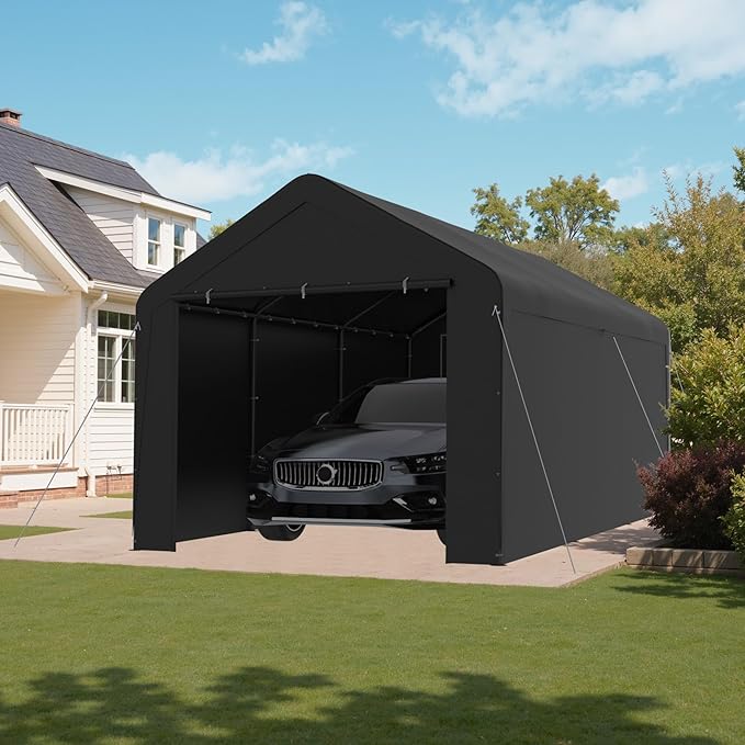GOJOOASIS 10x20 Carport Heavy Duty Portable Garage Shelter Metal Car Canopy Tent with UV-Resistant & Weatherproof Top Cover for RV & Vehicles (Black, 10x20 with sidewalls)