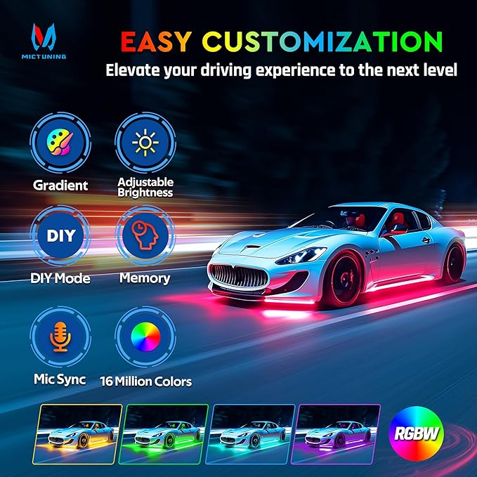 MICTUNING 8Pcs N8+ RGBW Underglow LED Lights for Cars, APP & Remote Dual Control, IP68 Waterproof Aluminum Multicolor Modes Music Soundsync Exterior Neon Accent LED Light Bar, 2 Years Warranty