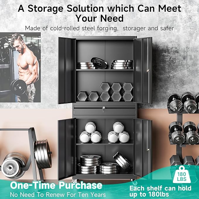Metal Garage Storage Cabinet with Wheels and Drawer,73" Tall Black Rolling Garage Cabinet with Locking Doors and Adjustable Shelves,Mobile Metal Storage Cabinets on Wheels for Home,Office,Garages,Tool