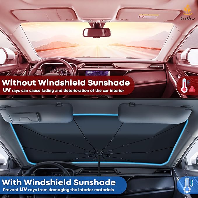 EcoNour Adjustable Car Windshield Umbrella Sun Shade | Foldable UV Protection Shade with 240T Polyester | Fits Various Windshield Angles