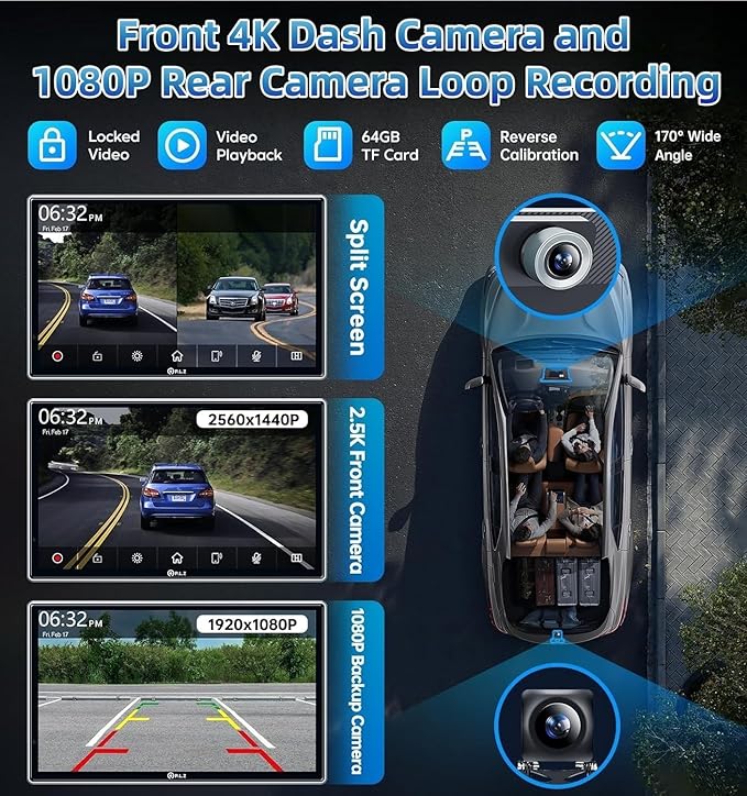 Portable Carplay Screen for Car, 9" Wireless Carplay Touchscreen with 4K Dash Cam, Android Auto Car Stereo, Car Audio Receivers with 1080p Backup Camera, GPS, Bluetooth, FM, Siri