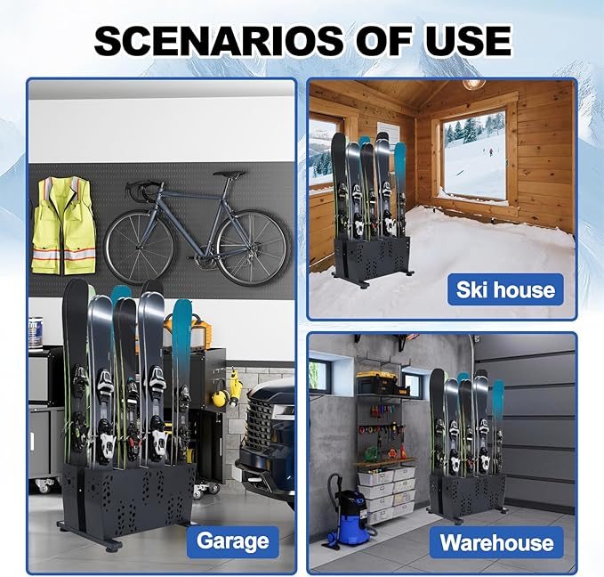 Freestanding Ski Storage Rack for 4 Pairs, Floor Stand Ski Organizer Rack, Heavy Duty Alloy Steel Ski Holders Ski Organizer, Freestanding Ski Organizer for Garage Basement