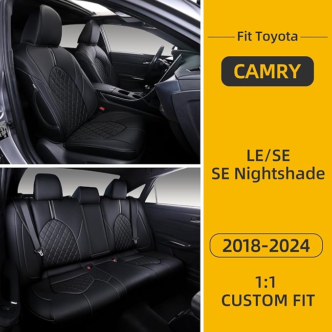 Custom Fit Camry Seat Covers for Toyota Camry LE,SE,SE Nightshade 2018-2024 Full Coverage Waterproof Breathable Leather Car Seat Covers Full Set(Black)