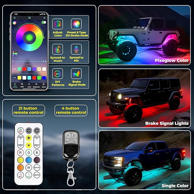 12 Pods 252 LEDs 5 Sides RGB Rock Lights, App/2 Remote Control Rock Lights for Trucks, Waterproof Multi-Color Bright Underglow Kits with Music Mode, Compatible with 12V Jeep UTV SUV ATV Golf RZR