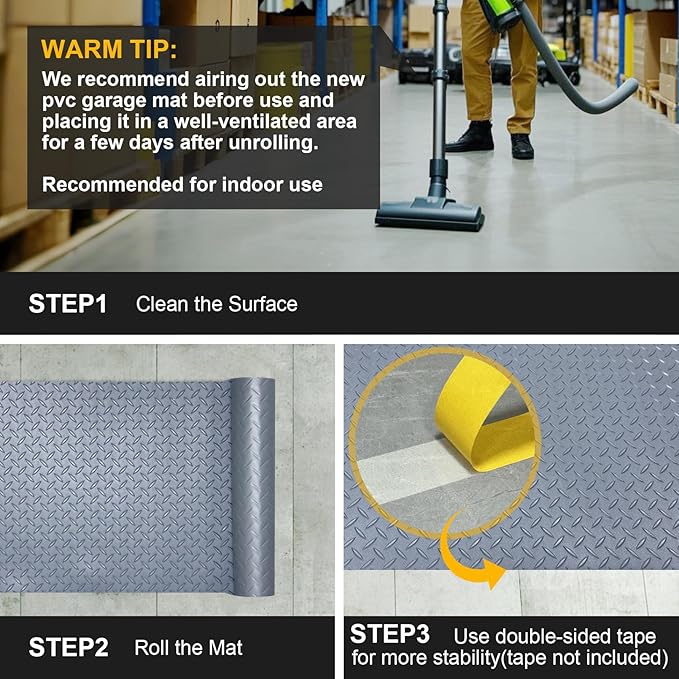 7.5x20 FT Garage Floor Mat, 2.8mm Thickened Flooring Roll with 20Pcs Tapes, Diamond Plate PVC Rubber Trailer Mat, Non-Slip Floor Protector Mat for Garage, Warehouse, Gyms, Trailer(Matte Gray)