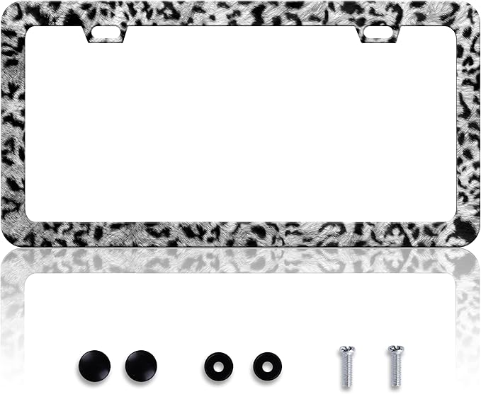 Grey Black Leopard Print License Plate Frame Cheetah License Plate Frames Personalise Stainless Steel Funny Design Compatible with Standard License Plate Holder for USA Canada 6 X 12 Inch with Screws