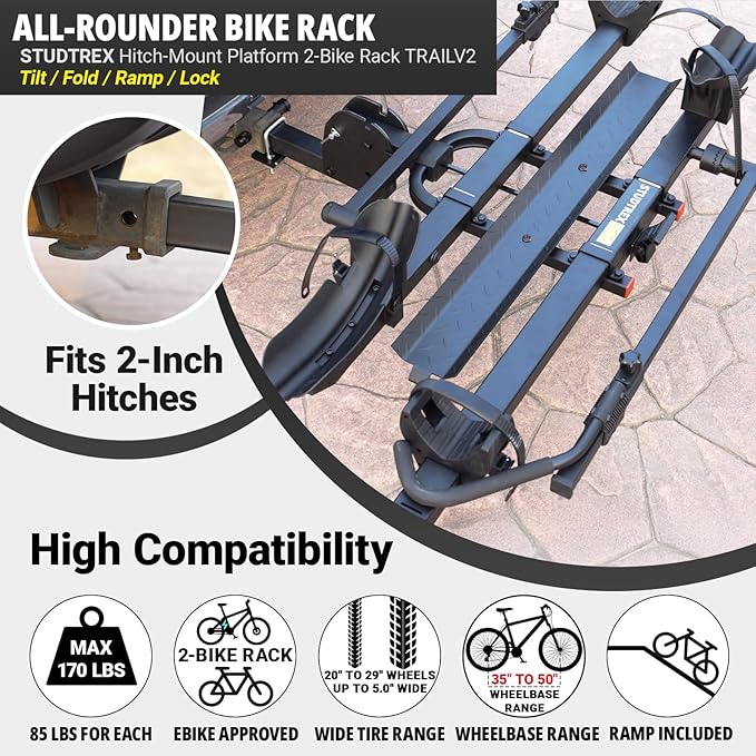 TRAILV2 Hitch Mount 2-Bike Rack with Bike Ramp - Tilt, Fold, Anti-Theft Hitch & Wheel Lock, 170lbs Capacity, 2-Inch Receiver, Up to 5.0" Fat Tire, Electric Bike Rack for Car, SUV, RV, Truck