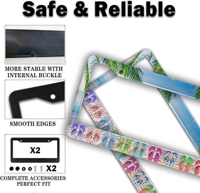 License Plate Frames Multicolor Car License Plate Frame Hawaii Beach Flip Flops Aluminum Metal Car Accessory 2 Pack with Screw Covers Set