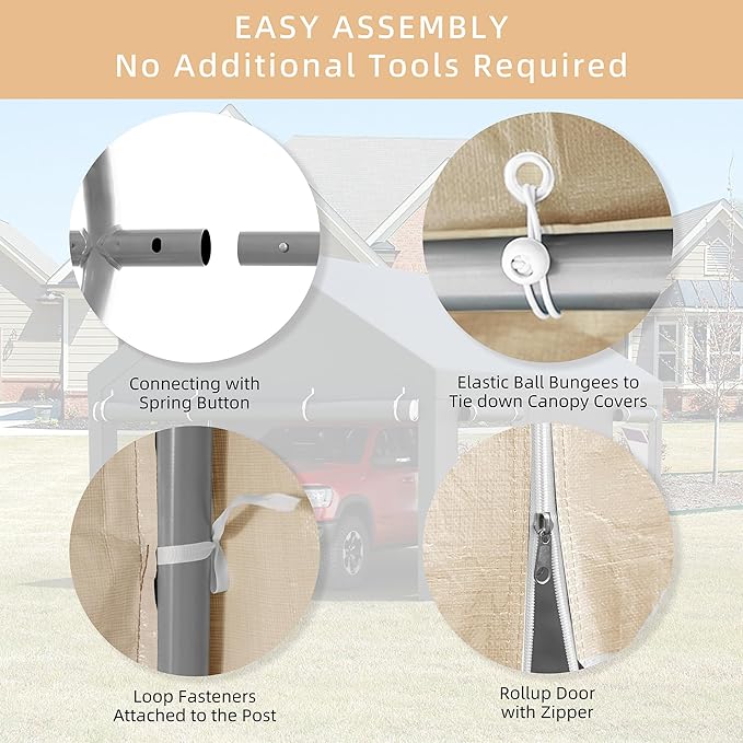 JY QAQA Carport, 10x20 FT Heavy Duty Carport with Removable Side Walls and Doors, Portable Garage with Roll-Up Window and Sandbags, Car Canopy with All-Season Tarp for Cars, Trucks, Boats, Khaki