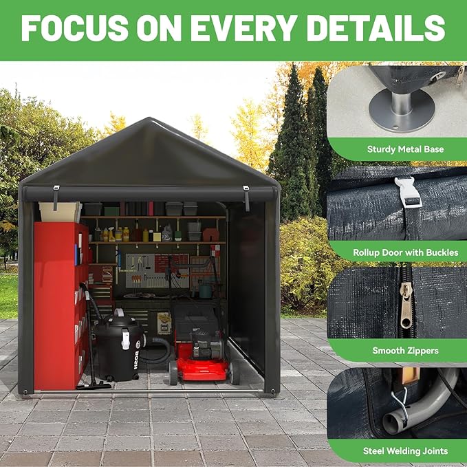 EROMMY 5x7 FT Carport Storage Shed, Heavy Duty Outdoor Storage Shed with Rolled up Zipper Door, Carport Canopy for Motorcycles, Bikes and Outdoor Tools