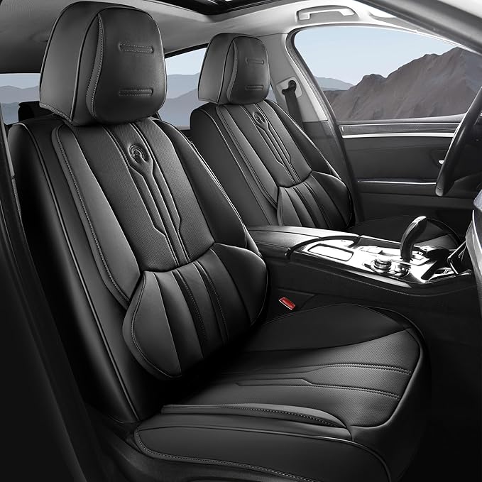 AOOG Front Seat Covers, Car Seat Covers Front Seats, Leather Seat Covers for Cars, Waterproof Seat Covers with Lumbar Support Universal Fit for Most Cars SUV Trucks(Front Pair, Black)