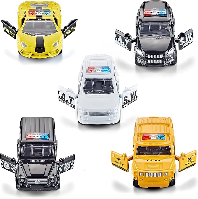 KIDAMI Die Cast Metal Little Toy Cars Set of 5, Openable Doors Pull Back Car Gift Pack for Kids (Police car)