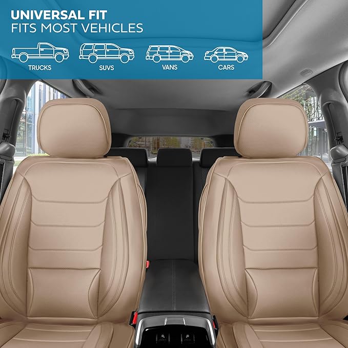 Elite Edition Faux Leather Seat Covers for Cars, Trucks, & SUV - 2 Beige Car Seat Covers for Front Seats - Universal Fit Car Accessories Automotive Interior Cover Protector for Most Vehicles