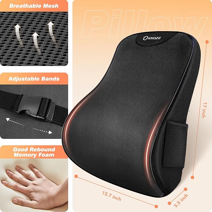 Lumbar Support Pillow for Office Chair, Back Support Pillow for Car, Recliner & Bed, Memory Foam Lower Back Cushion for Pain Relief & Improve Posture, Mesh Cover, Adjustable Straps, Gifts