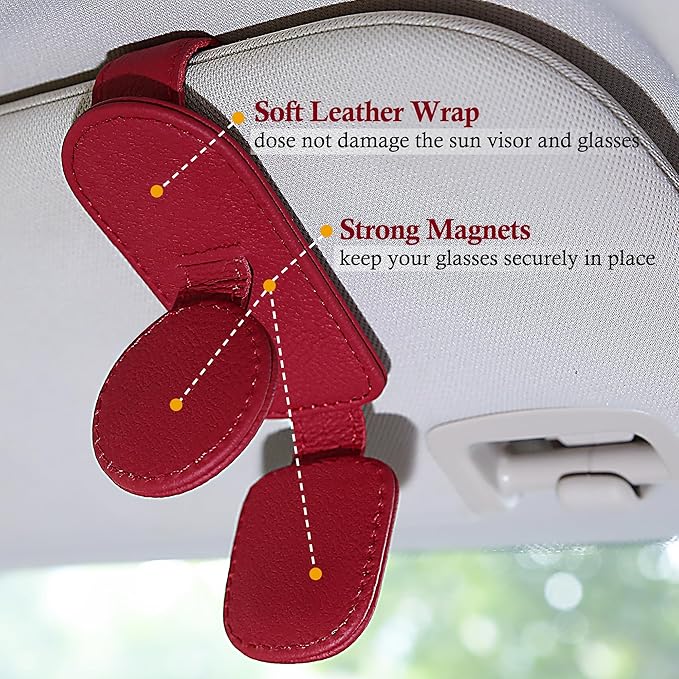 KIWEN Sunglasses Holder for Car Visor, Magnetic Leather Sunglass Eyeglass Hanger Clip for Car Sun Visor Accessories (1, Red)
