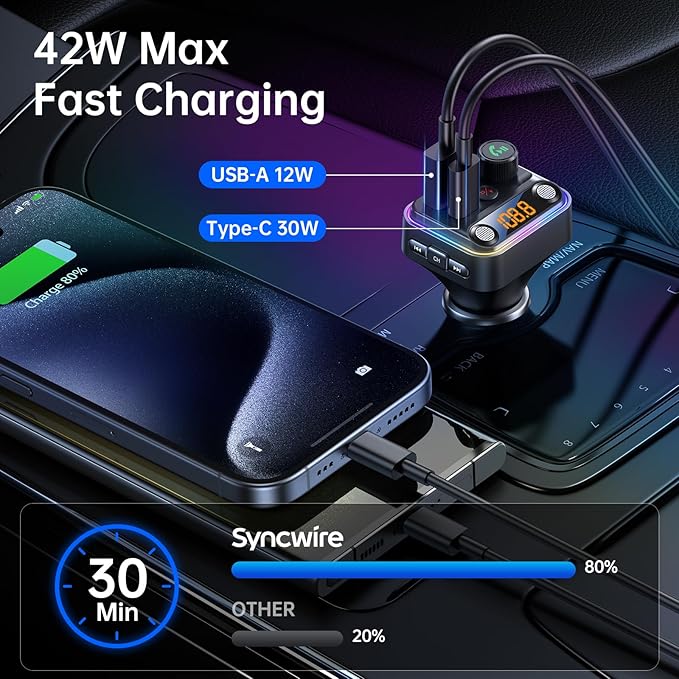 Syncwire Bluetooth 5.4 FM Transmitter Car Adapter 42W [Light Switch] [Stronger Dual-mic] [HiFi Bass Sound] [Fast Charging] Wireless FM Radio Stereo Music Adapter Hands-Free Calling Support USB Drive