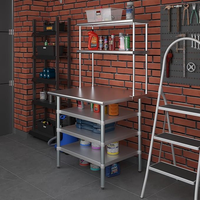 Amgood 30" x 36" Stainless Steel Work Table with 3 Shelves and 12" Wide Double Tier Overshelf | Metal Kitchen Prep Table & Shelving Combo | NSF