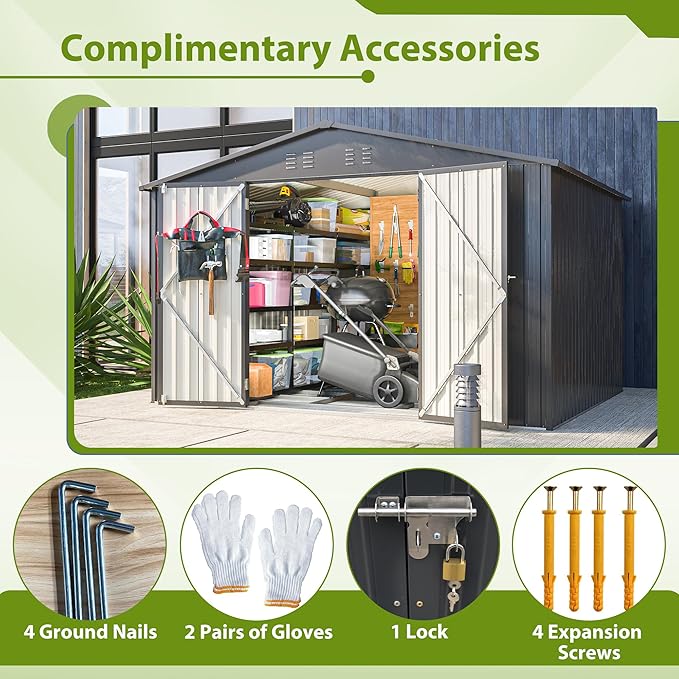10X8 FT Outdoor Tool Storage Shed with Metal Foundation & Lockable Doors, All Weather Metal Sheds for Garden, Patio, Backyard, Lawn