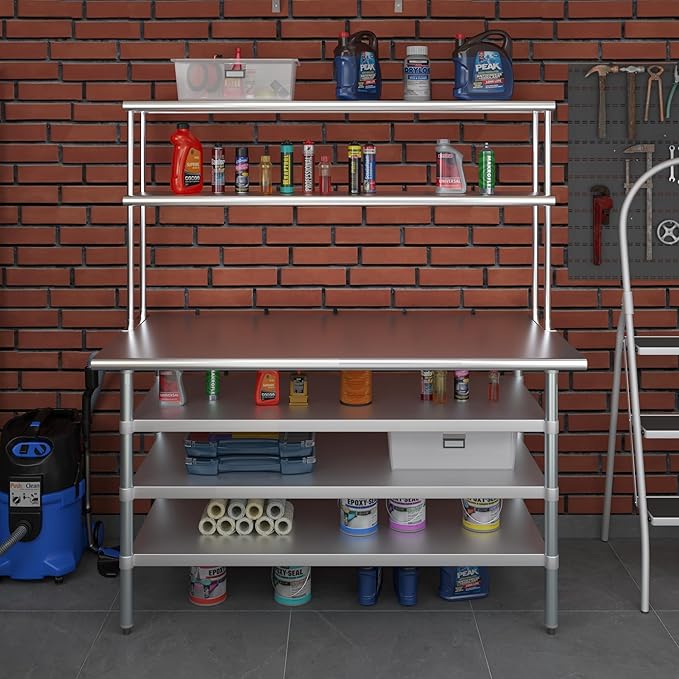Amgood 30" x 60" Stainless Steel Work Table with 3 Shelves and 12" Wide Double Tier Overshelf | Metal Kitchen Prep Table & Shelving Combo | NSF
