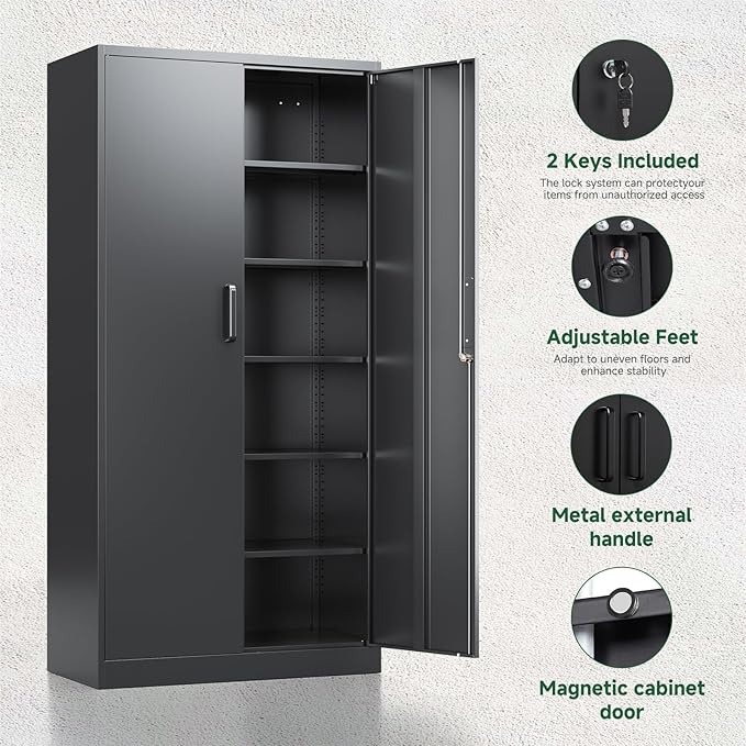 Letaya Metal Garage Storage Cabinets with Lock-72 Tall Tool Organizer Steel Lockers, 5 Adjustable Layers Shelves for Home,Office,Warehouse,Garage,(Black-72“)