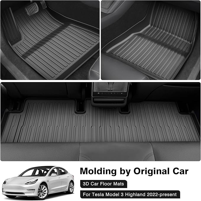 Powerty Floor Mats for 2024 2025 Tesla Model 3 Highland Accessories 1st & 2nd Row Liner Set All Weather TPE 3D Car Mats All-Weather Floor Liners