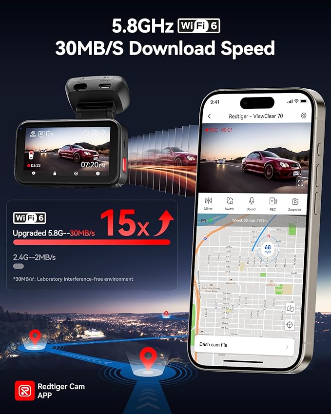 REDTIGER ViewClear 70 4K+2.5K Dash Cam Front and Rear, STARVIS 2 IMX678 x Wondrix™ Sensor, Dual HDR Hyper Night Clarity, 5.8GHz WiFi 6, 30MB/S Fast Download, Dash Camera with 24H Parking Monitor