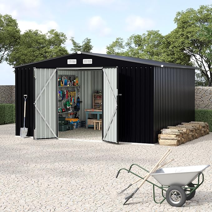 8x10x6.4 FT Outdoor Storage Sheds with Floor, Metal Garden Tool Shed for Backyard, Large Metal Sheds Outdoor Storage With Lockable Doors & Air Vents for Backyard Garden Patio Lawn