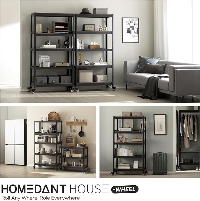 HOMEDANT House 5-Tier Metal Rolling Cart Shelf Rack Casters Heavy Duty Laminated Wheel Shelving Unit Adjustable Utility Storage Shelves Organizer Shelf Kitchen Garage 36.2" W x 16.5" D x 69.5" H 1Pack