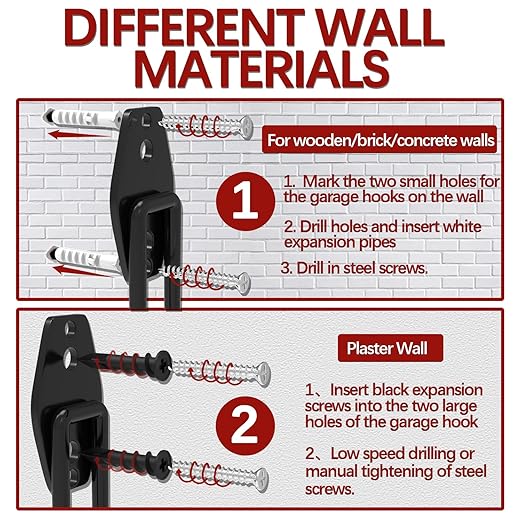 3-H Garage Wall Hooks 42 Pack, Heavy Duty Garage Hooks with Extra Welding Spots, Wall Mount Storage Organizer for Hanging Garden Lawn Tools, Ladder, Bike, WeedEater, Chair, Shovel, Blower (Red)