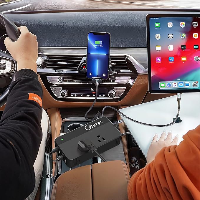 BMK 200W Car Power Inverter DC 12V to 110V AC Car Inverter 4 USB Ports Charger Adapter Car Plug Converter with 2 QC3.0 USB and 2 Type C Ports (Black)