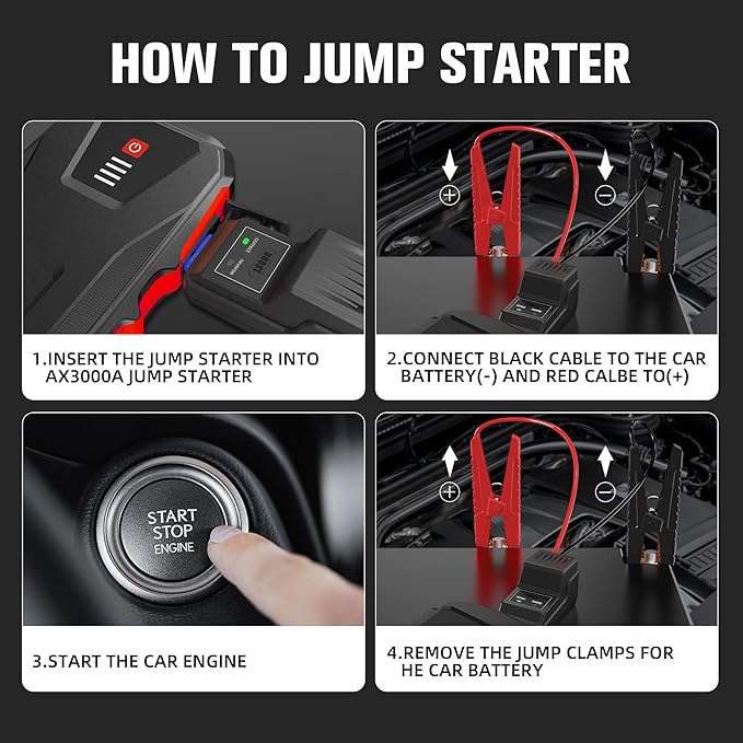 ASPERX 3000A Jump Starter for Car Battery, 12V Portable Jump Box with LED Light & Smart Jumper Cables, BMS for Up to 10.0L Gas or 8.0L Diesel Engines-Red