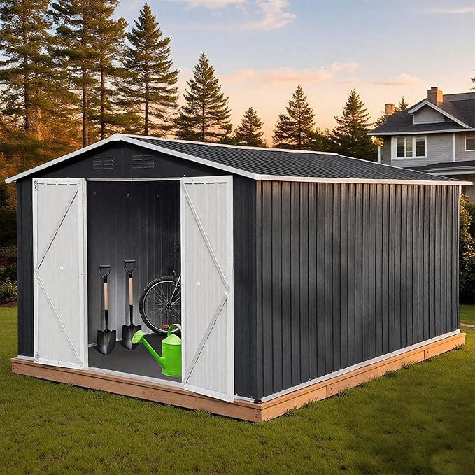 10 x 12 FT Outdoor Storage Shed, Metal Garden Tool Shed with Slooping Roof, Lockable Doors and Windows, Easy to Assemble for Garden, Patio, Lawn, Black