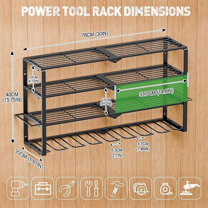 Power Tool Organizer Wall Mount, 4 Layers Tool Storage Rack with 8 Cordless Drill Holders, Power Tool Shelf Loads 400lbs for Garage, Warehouse, Workshop, Gifts for Men, Husband (Bohemian)