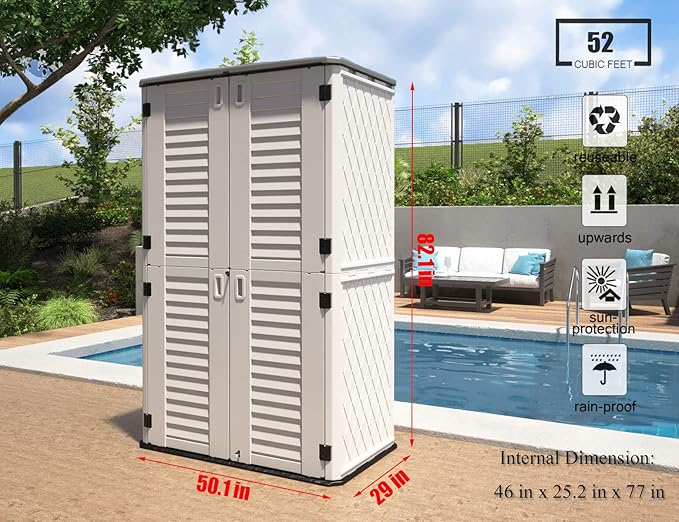 ADDOK Outdoor Storage Cabinet Waterproof,Outdoor Storage Sheds with Floor, Double-Layer Storage Shed for Patios/Generator/Long-Handled Tools (ivory/52 Cu.Ft)