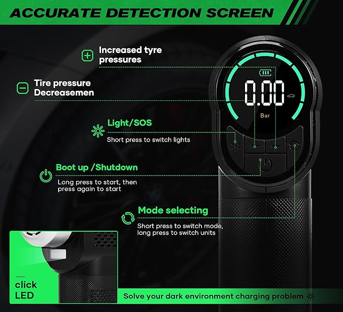 Vehicle Tire Inflator Portable Air Compressor & Inflator(150PSI),TYPE-C 6000mAH Car Tire Pump with Light, Digital Tire Pressure Gauge, Air Pump-Car Motorcycle Accessories