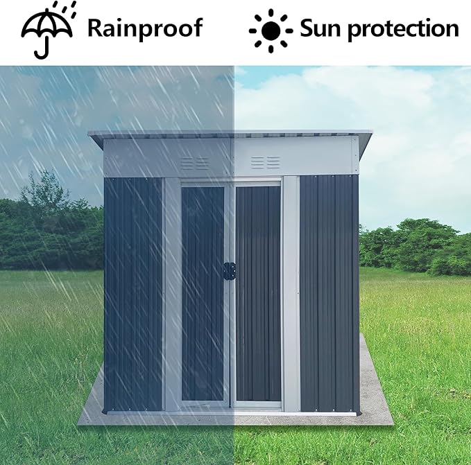 5x3 FT Outdoor Storage Shed with Sloping Roof, Waterproof Metal Garden Sheds w/Lockable Sliding Doors and Vents, Weather Resistant Tool Storage House for Backyard, Patio, Lawn, Grey