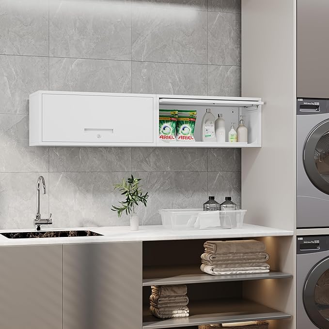 Metal Storage Cabinet White Wall Cabinets with Locking Door - Wall Mounted Storage Cabinet for Garage Warehouse Home Office - Assembly Required